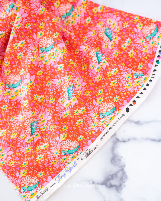 Cotton quilting fabric pattern called 'Who's Your Dandy in Glow'. Part of the 'Tiny Beasts' fabric collection. Designed by Tula Pink for fabric company Free Spirit Fabrics. SKU: PWTP182.GLOW. 44-45 inch width.