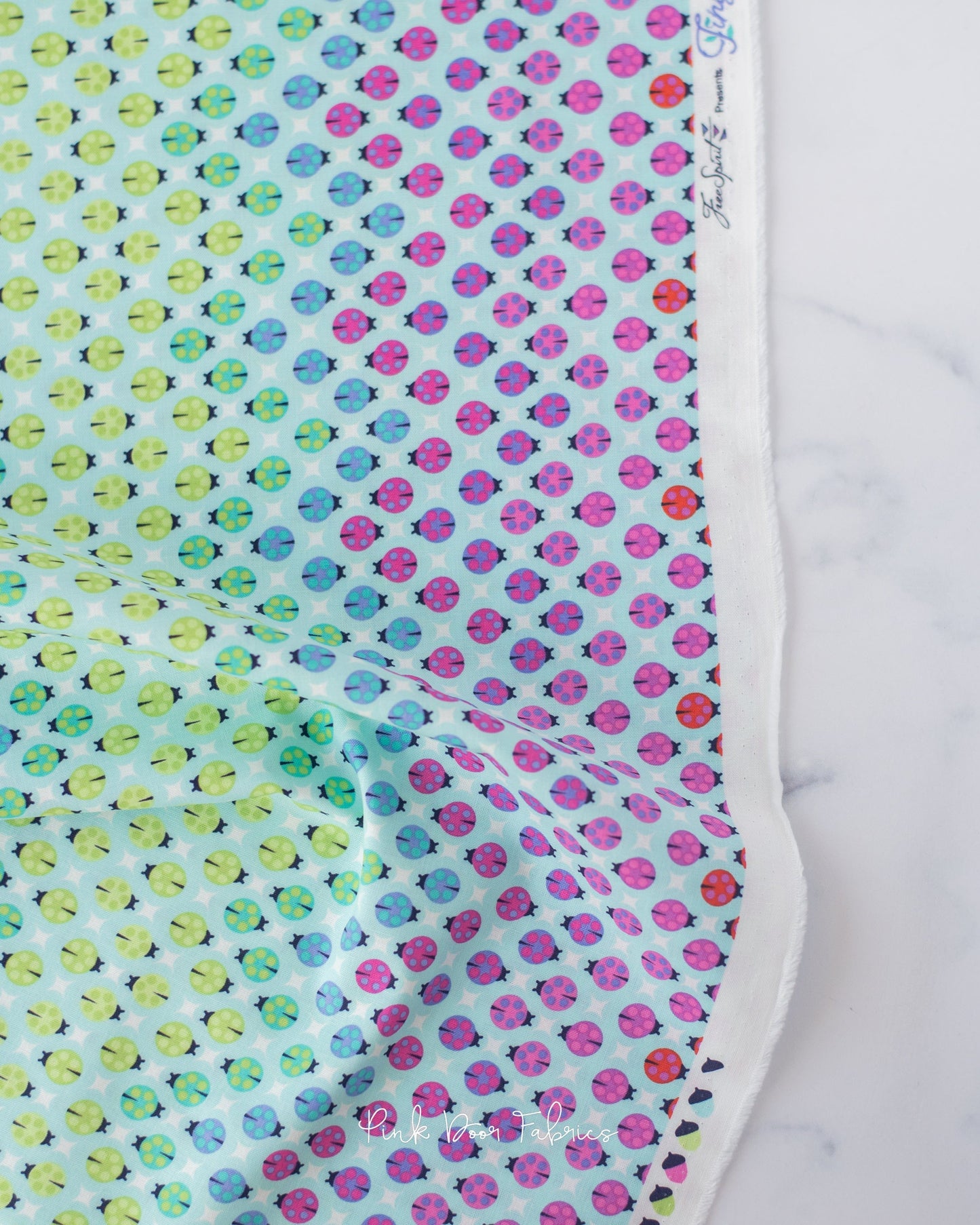 Cotton quilting fabric pattern called 'Painted Ladies in Glimmer'. Part of the 'Tiny Beasts' fabric collection. Designed by Tula Pink for fabric company Free Spirit Fabrics. SKU: PWTP183.GLIMMER. 44-45 inch width.