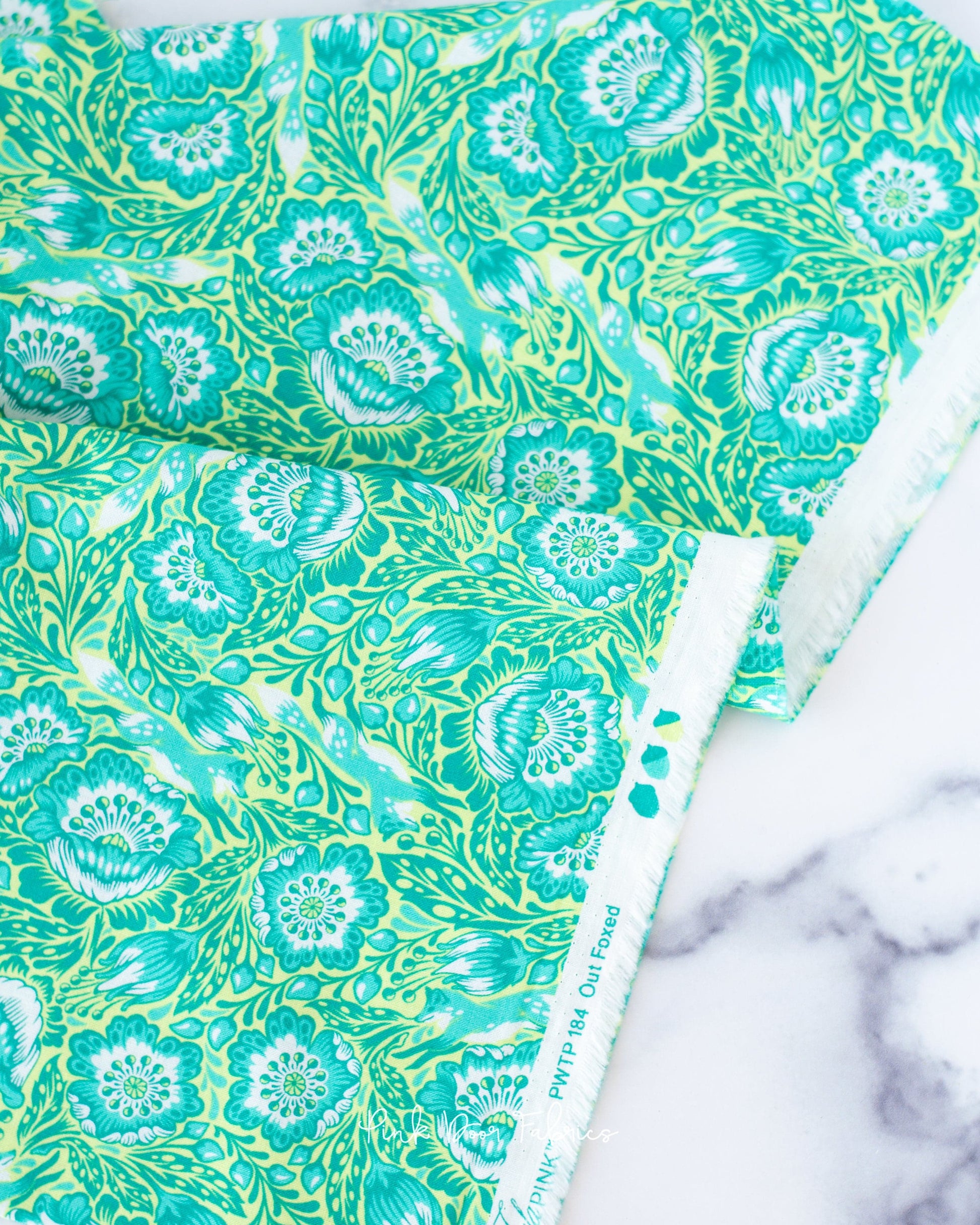 Cotton quilting fabric pattern called 'Out Foxed in Glow'. Part of the 'Tiny Beasts' fabric collection. Designed by Tula Pink for fabric company Free Spirit Fabrics. SKU: PWTP184.GLOW. 44-45 inch width.