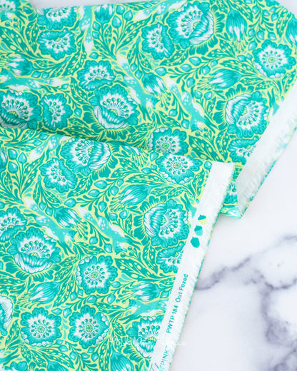 Cotton quilting fabric pattern called 'Out Foxed in Glow'. Part of the 'Tiny Beasts' fabric collection. Designed by Tula Pink for fabric company Free Spirit Fabrics. SKU: PWTP184.GLOW. 44-45 inch width.