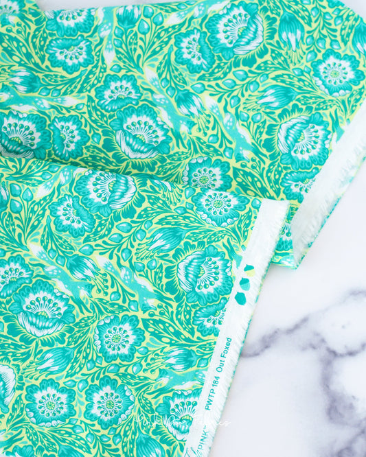 Cotton quilting fabric pattern called 'Out Foxed in Glow'. Part of the 'Tiny Beasts' fabric collection. Designed by Tula Pink for fabric company Free Spirit Fabrics. SKU: PWTP184.GLOW. 44-45 inch width.