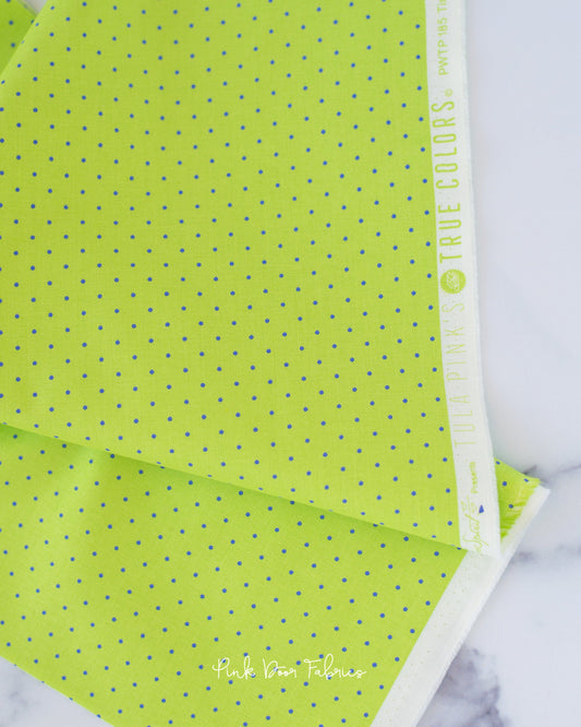 Cotton quilting fabric pattern called 'Tiny Dots in Meadow'. Part of the 'True Colors' fabric collection. Designed by Tula Pink for fabric company Free Spirit Fabrics. SKU: PWTP185.MEADOW. 44-45 inch width.