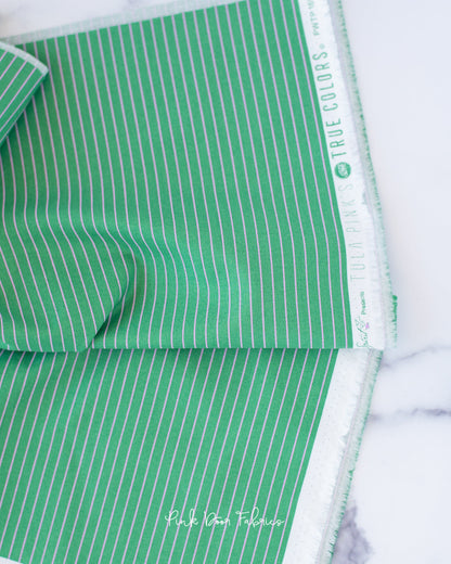 Cotton quilting fabric pattern called 'Tiny Stripes in Fern'. Part of the 'True Colors' fabric collection. Designed by Tula Pink for fabric company Free Spirit Fabrics. SKU: PWTP186.FERN. 44-45 inch width.