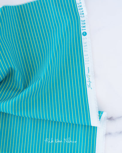 Cotton quilting fabric pattern called 'Tiny Stripes in Songbird'. Part of the 'True Colors' fabric collection. Designed by Tula Pink for fabric company Free Spirit Fabrics. SKU: PWTP186.SONGBIRD. 44-45 inch width.