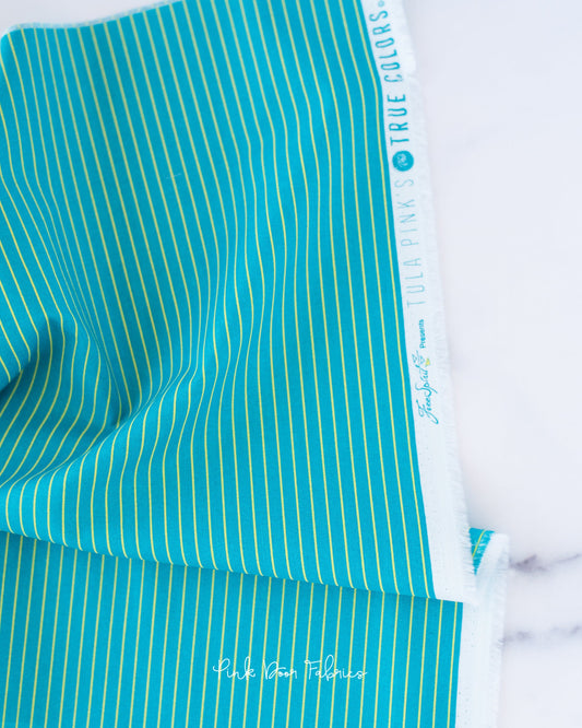 Cotton quilting fabric pattern called 'Tiny Stripes in Songbird'. Part of the 'True Colors' fabric collection. Designed by Tula Pink for fabric company Free Spirit Fabrics. SKU: PWTP186.SONGBIRD. 44-45 inch width.