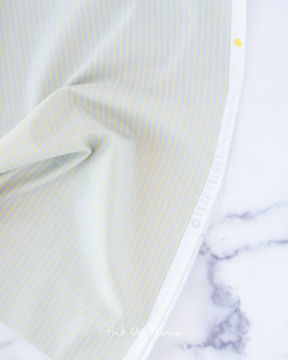 Cotton quilting fabric pattern called 'Tiny Stripes in Spark'. Part of the 'True Colors' fabric collection. Designed by Tula Pink for fabric company Free Spirit Fabrics. SKU: PWTP186.SPARK. 44-45 inch width.