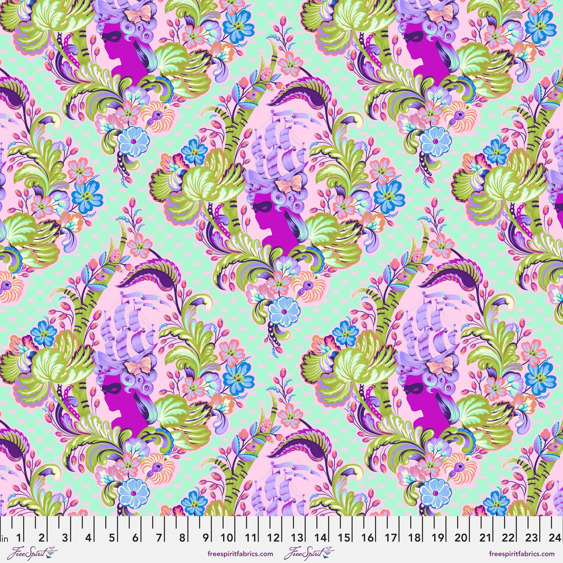 Cotton quilting fabric pattern called 'Cameo in Sorbet'. Part of the 'Parisville {Deja Vu}' fabric collection. Designed by Tula Pink for fabric company Free Spirit Fabrics. SKU: PWTP187.SORBET. 44-45 inch width.