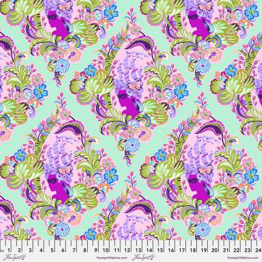 Cotton quilting fabric pattern called 'Cameo in Sorbet'. Part of the 'Parisville {Deja Vu}' fabric collection. Designed by Tula Pink for fabric company Free Spirit Fabrics. SKU: PWTP187.SORBET. 44-45 inch width.