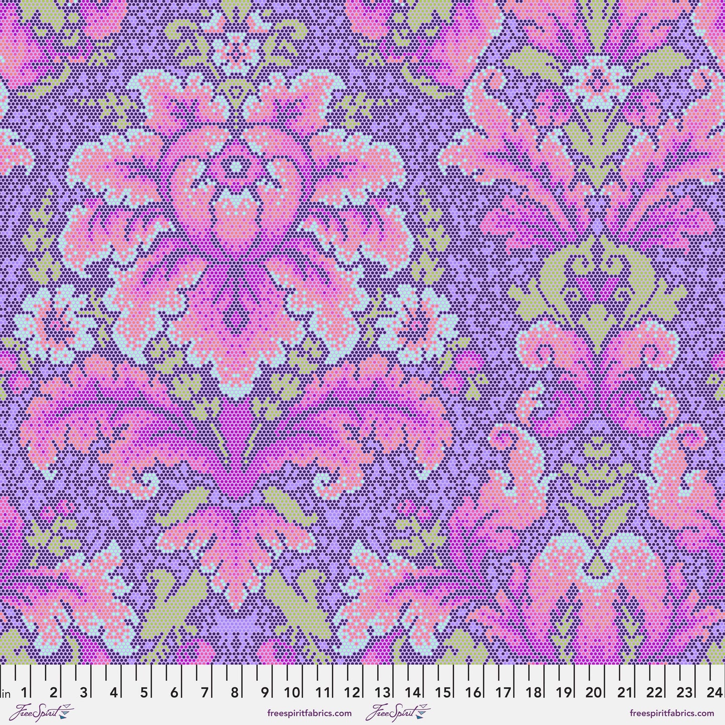 Cotton quilting fabric pattern called 'Damask Dot in Violet'. Part of the 'Parisville {Deja Vu}' fabric collection. Designed by Tula Pink for fabric company Free Spirit Fabrics. SKU: PWTP189.VIOLET. 44-45 inch width.