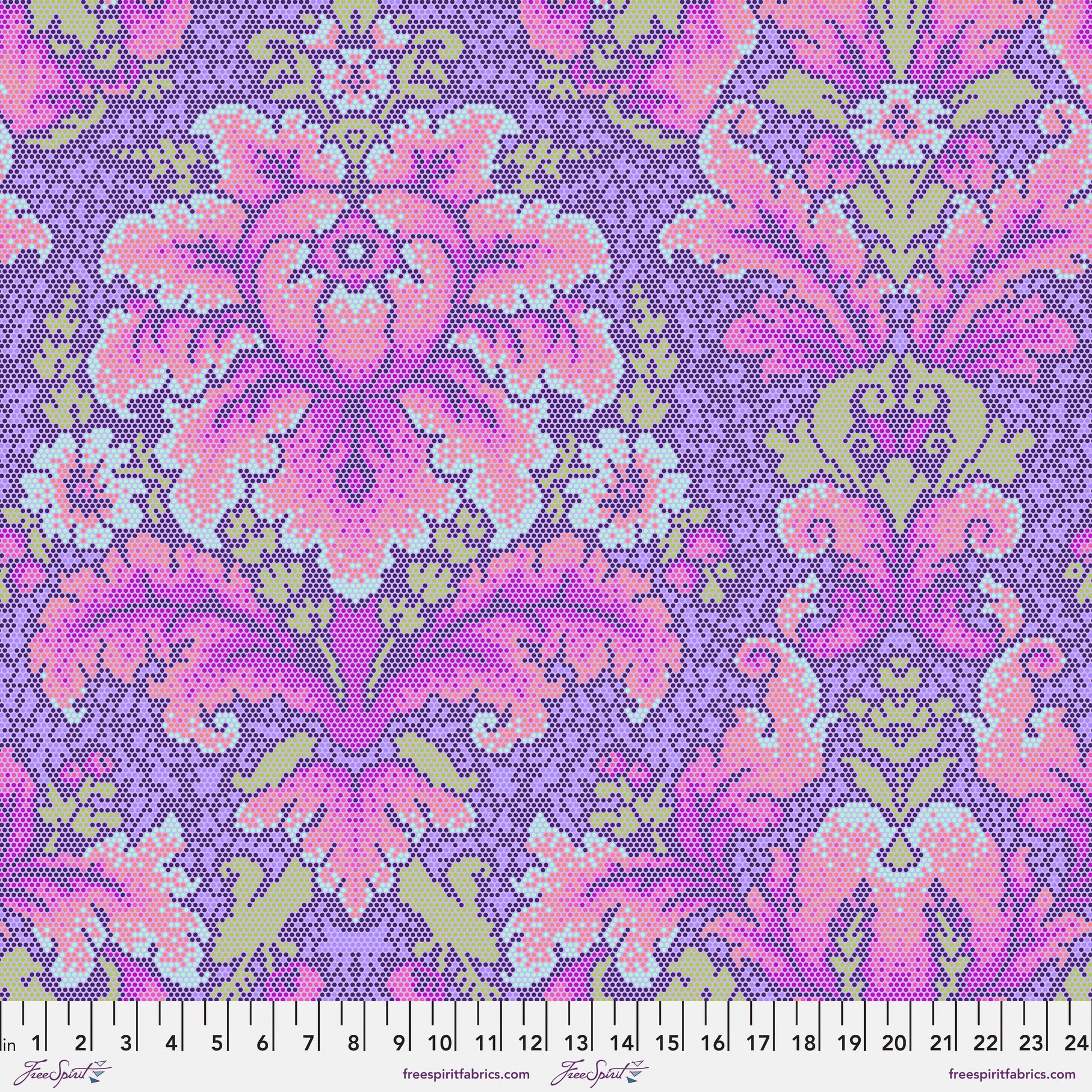 Cotton quilting fabric pattern called 'Damask Dot in Violet'. Part of the 'Parisville {Deja Vu}' fabric collection. Designed by Tula Pink for fabric company Free Spirit Fabrics. SKU: PWTP189.VIOLET. 44-45 inch width.