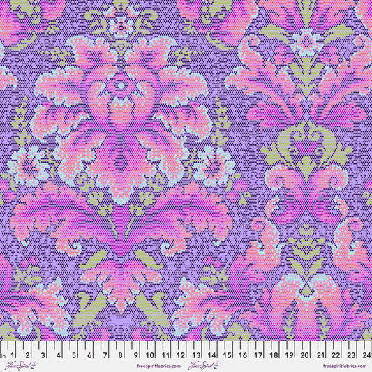 Cotton quilting fabric pattern called 'Damask Dot in Violet'. Part of the 'Parisville {Deja Vu}' fabric collection. Designed by Tula Pink for fabric company Free Spirit Fabrics. SKU: PWTP189.VIOLET. 44-45 inch width.