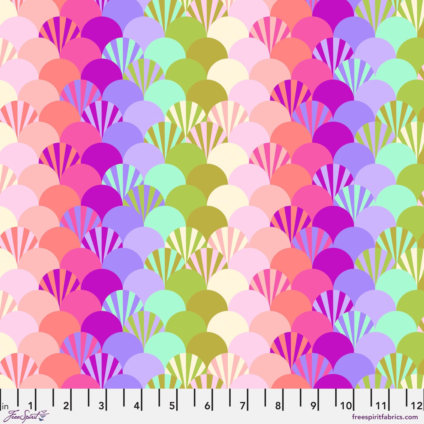Cotton quilting fabric pattern called 'Fans in Sorbet'. Part of the 'Parisville {Deja Vu}' fabric collection. Designed by Tula Pink for fabric company Free Spirit Fabrics. SKU: PWTP190.SORBET. 44-45 inch width.