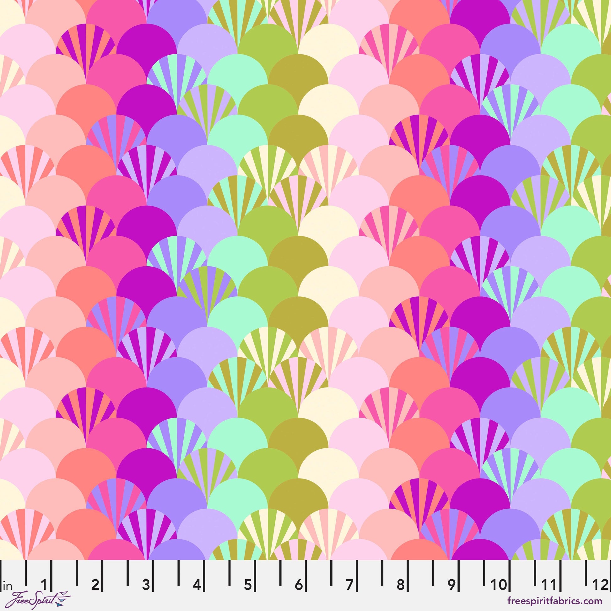 Cotton quilting fabric pattern called 'Fans in Sorbet'. Part of the 'Parisville {Deja Vu}' fabric collection. Designed by Tula Pink for fabric company Free Spirit Fabrics. SKU: PWTP190.SORBET. 44-45 inch width.