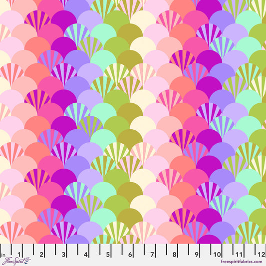 Cotton quilting fabric pattern called 'Fans in Sorbet'. Part of the 'Parisville {Deja Vu}' fabric collection. Designed by Tula Pink for fabric company Free Spirit Fabrics. SKU: PWTP190.SORBET. 44-45 inch width.