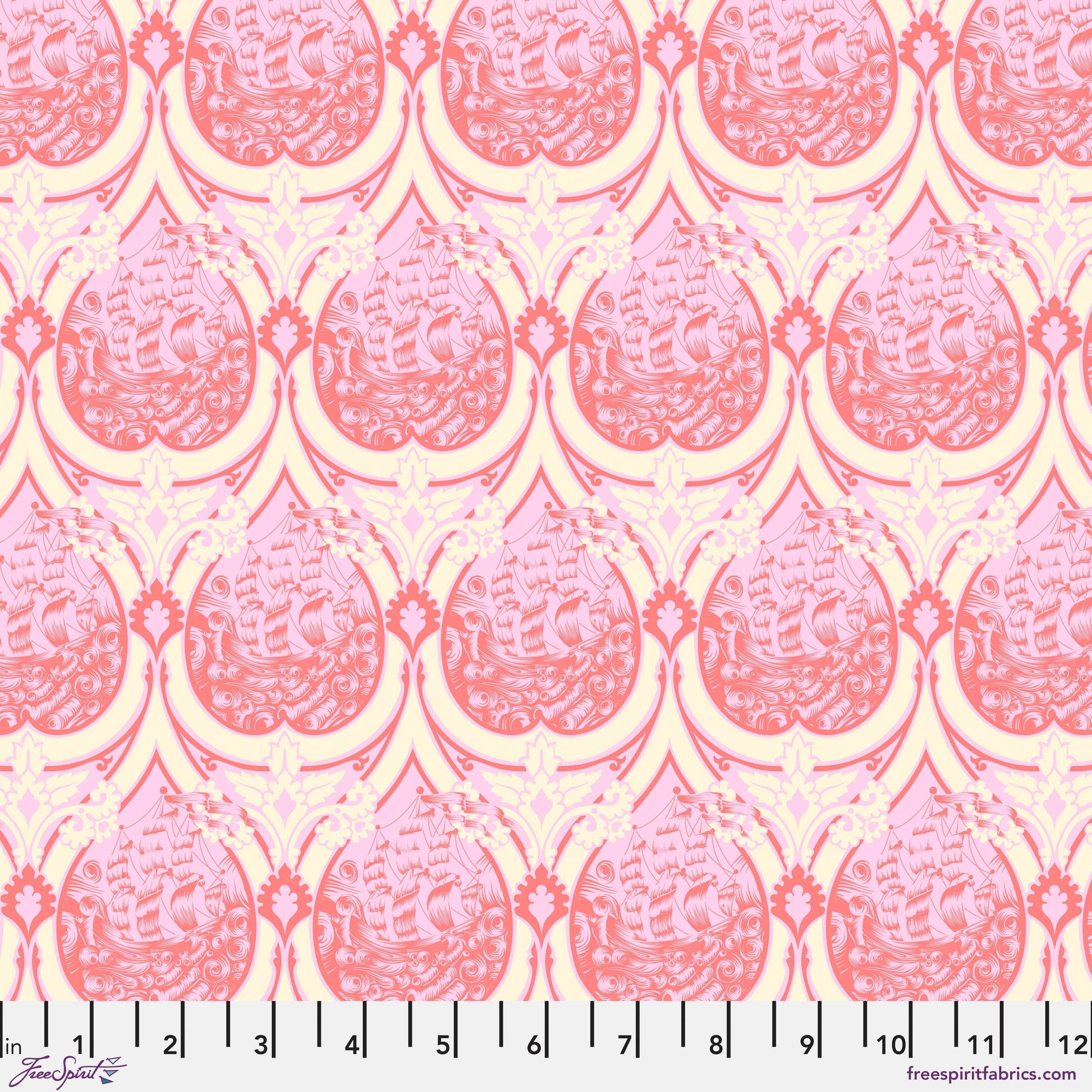 Cotton quilting fabric pattern called 'Sea of Tears in Melon'. Part of the 'Parisville {Deja Vu}' fabric collection. Designed by Tula Pink for fabric company Free Spirit Fabrics. SKU: PWTP191.MEON. 44-45 inch width.