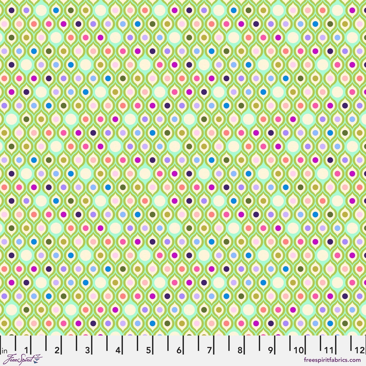 Cotton quilting fabric pattern called 'Eye Drops in Mint'. Part of the 'Parisville {Deja Vu}' fabric collection. Designed by Tula Pink for fabric company Free Spirit Fabrics. SKU: PWTP192.MINT. 44-45 inch width.