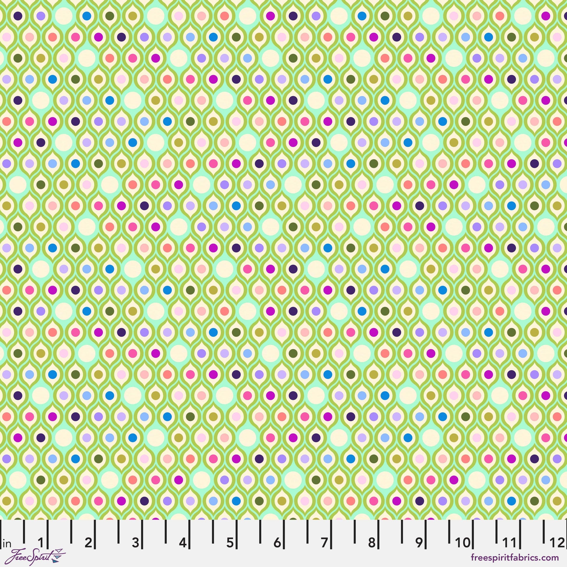 Cotton quilting fabric pattern called 'Eye Drops in Mint'. Part of the 'Parisville {Deja Vu}' fabric collection. Designed by Tula Pink for fabric company Free Spirit Fabrics. SKU: PWTP192.MINT. 44-45 inch width.