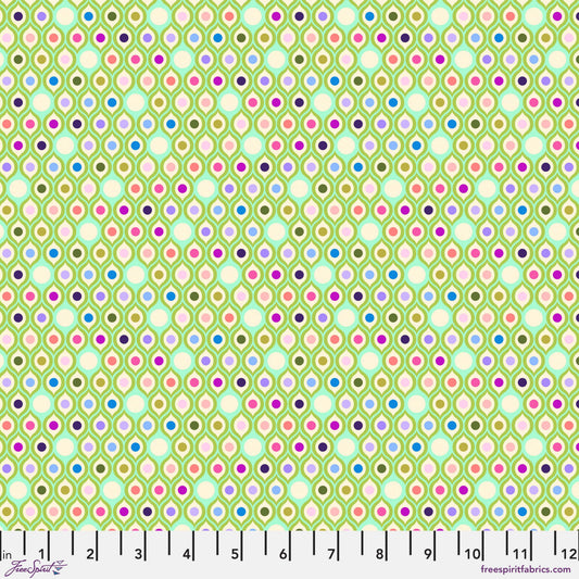 Cotton quilting fabric pattern called 'Eye Drops in Mint'. Part of the 'Parisville {Deja Vu}' fabric collection. Designed by Tula Pink for fabric company Free Spirit Fabrics. SKU: PWTP192.MINT. 44-45 inch width.