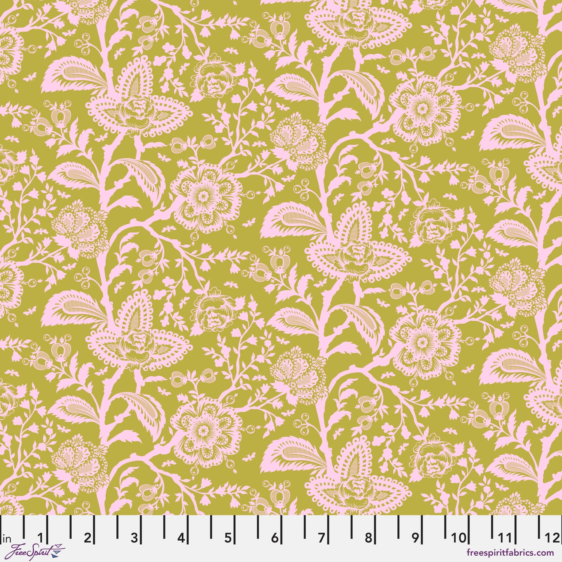 Cotton quilting fabric pattern called 'French Lace in Hazelnut'. Part of the 'Parisville {Deja Vu}' fabric collection. Designed by Tula Pink for fabric company Free Spirit Fabrics. SKU: PWTP193.HAZELNUT. 44-45 inch width.