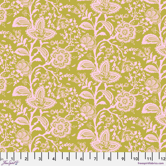 Cotton quilting fabric pattern called 'French Lace in Hazelnut'. Part of the 'Parisville {Deja Vu}' fabric collection. Designed by Tula Pink for fabric company Free Spirit Fabrics. SKU: PWTP193.HAZELNUT. 44-45 inch width.
