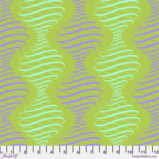 Cotton quilting fabric pattern called 'Spencer Stripe in Pistachio'. Part of the 'Parisville {Deja Vu}' fabric collection. Designed by Tula Pink for fabric company Free Spirit Fabrics. SKU: PWTP194.PISTACHIO. 44-45 inch width.