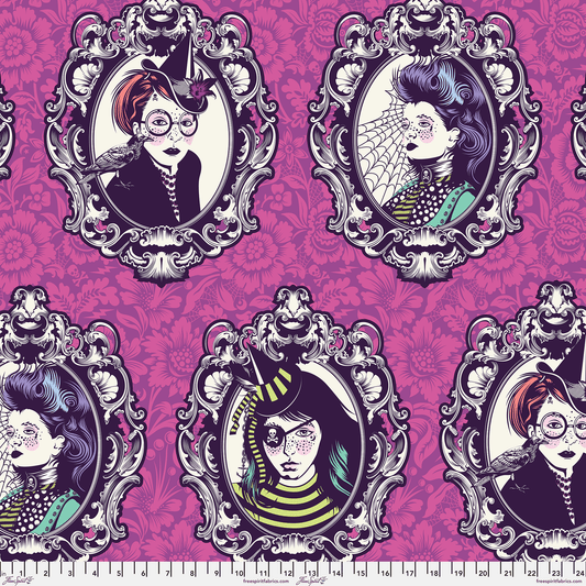 Cotton quilting fabric pattern called 'Coven in Oleander'. Part of the 'Nightshade Deja Vu' fabric collection. Designed by Tula Pink for fabric company Free Spirit Fabrics. SKU: PWTP205.OLEANDER. 44-45 inch width.