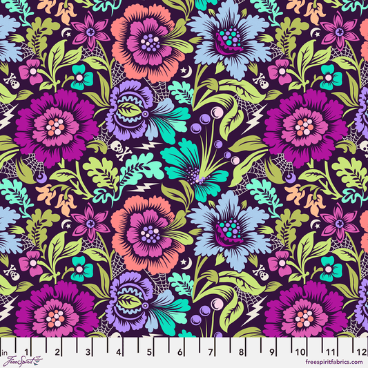 Cotton quilting fabric pattern called 'Spider Blossom in Equinox'. Part of the 'Nightshade Deja Vu' fabric collection. Designed by Tula Pink for fabric company Free Spirit Fabrics. SKU: PWTP206.EQUINOX. 44-45 inch width.