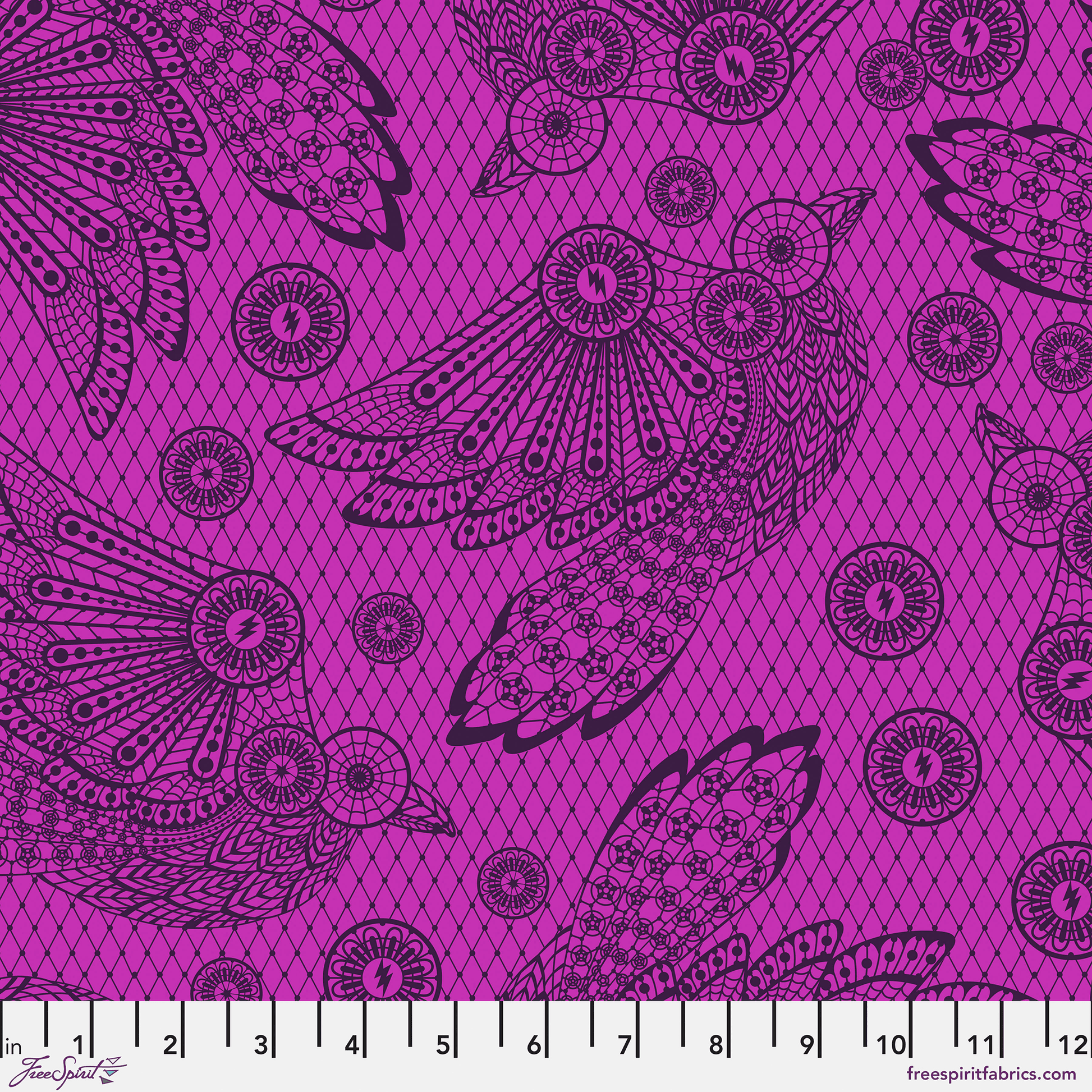 Cotton quilting fabric pattern called 'Raven in Oleander'. Part of the 'Nightshade Deja Vu' fabric collection. Designed by Tula Pink for fabric company Free Spirit Fabrics. SKU: PWTP207.OLEANDER. 44-45 inch width.