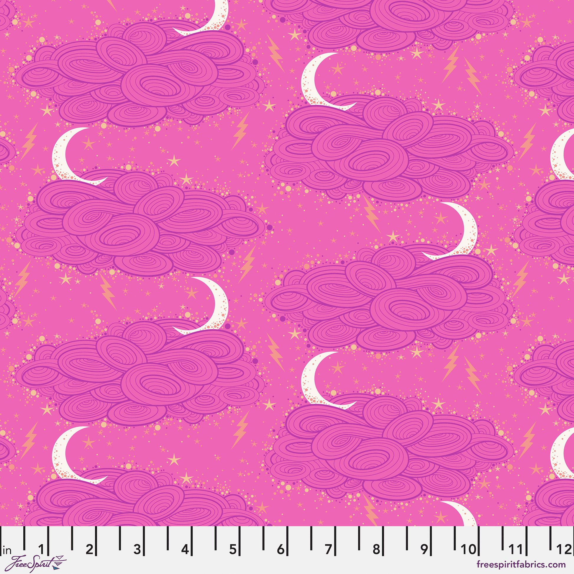 Cotton quilting fabric pattern called 'Storm Clouds in Oleander'. Part of the 'Nightshade Deja Vu' fabric collection. Designed by Tula Pink for fabric company Free Spirit Fabrics. SKU: PWTP208.OLEANDER. 44-45 inch width.