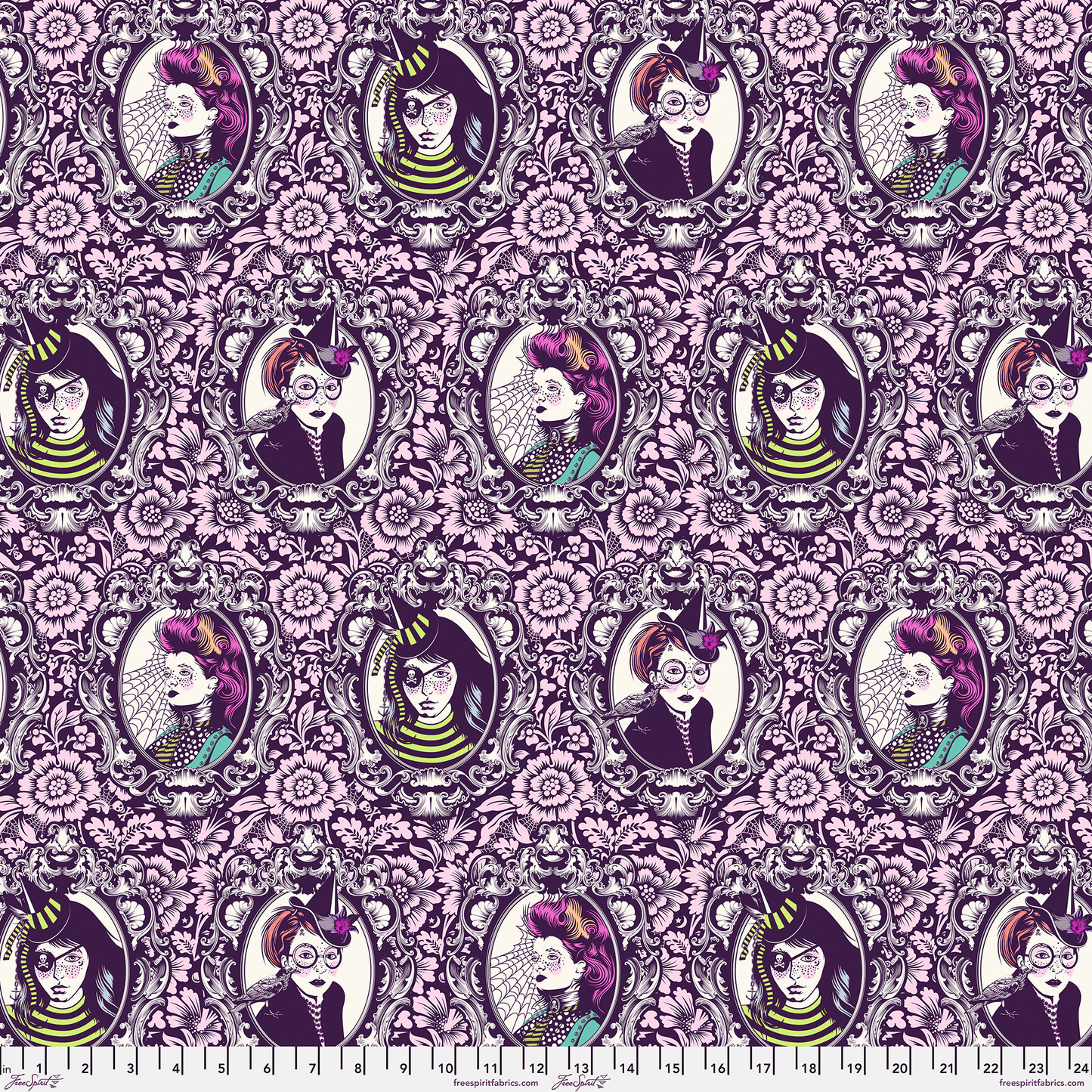 Cotton quilting fabric pattern called 'Mini Coven in Nerium'. Part of the 'Nightshade Deja Vu' fabric collection. Designed by Tula Pink for fabric company Free Spirit Fabrics. SKU: PWTP210.NERIUM. 44-45 inch width.