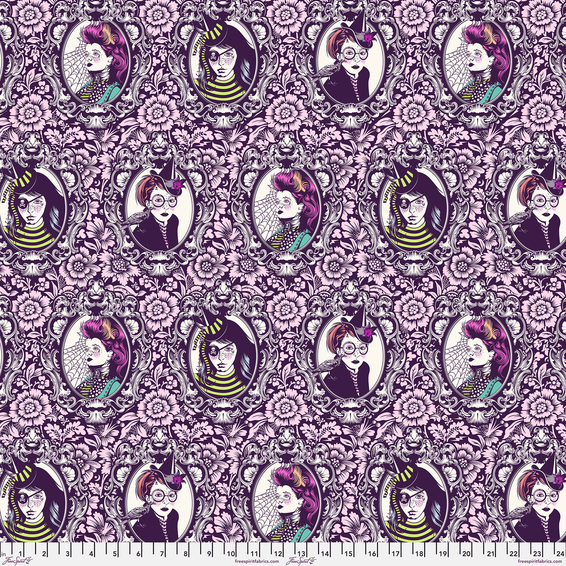 Cotton quilting fabric pattern called 'Mini Coven in Nerium'. Part of the 'Nightshade Deja Vu' fabric collection. Designed by Tula Pink for fabric company Free Spirit Fabrics. SKU: PWTP210.NERIUM. 44-45 inch width.