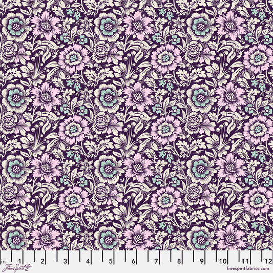 Cotton quilting fabric pattern called 'Mini Spider Blossom in Nerium'. Part of the 'Nightshade Deja Vu' fabric collection. Designed by Tula Pink for fabric company Free Spirit Fabrics. SKU: PWTP211.NERIUM. 44-45 inch width.