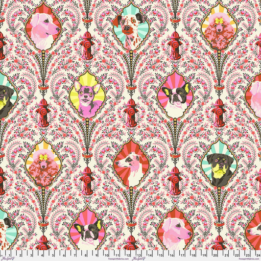 Cotton quilting fabric pattern called 'Puppy Dog Eyes in Blossom'. Part of the 'Besties' fabric collection. Designed by Tula Pink for fabric company Free Spirit Fabrics. SKU: PWTP213.BLOSSOM. 44-45 inch width.