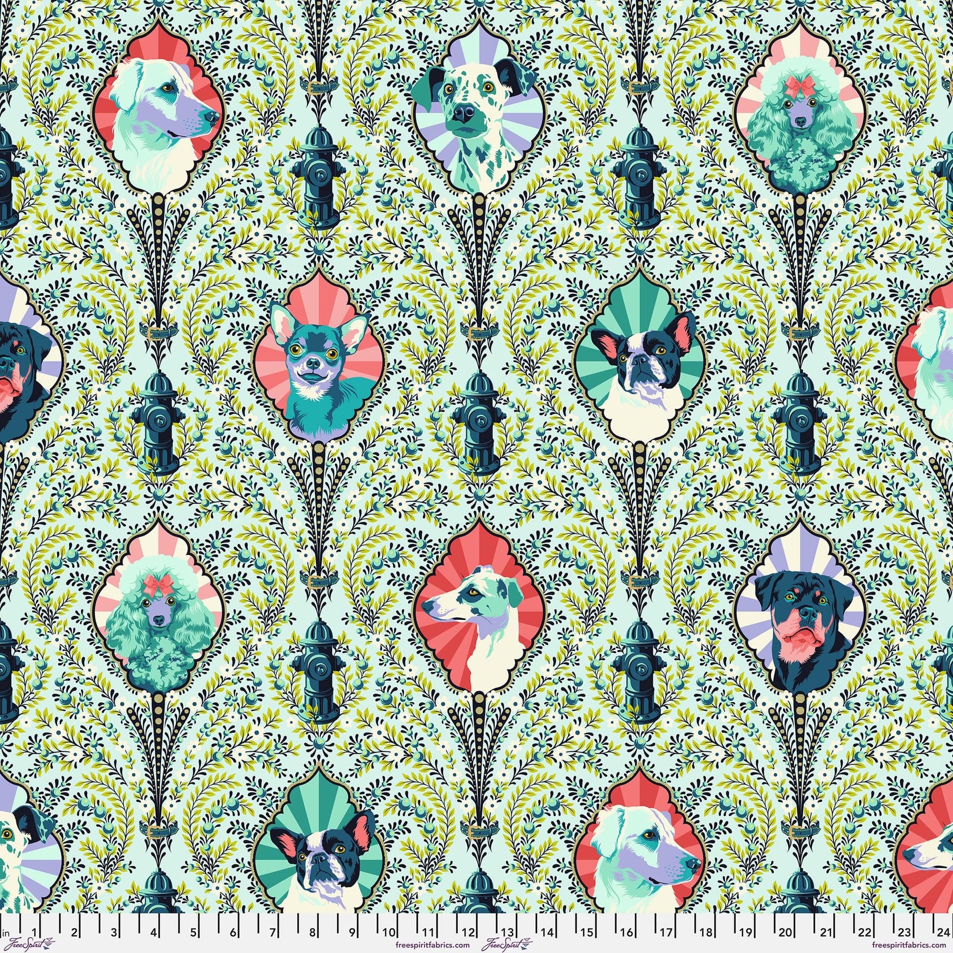 Cotton quilting fabric pattern called 'Puppy Dog Eyes in Bluebell'. Part of the 'Besties' fabric collection. Designed by Tula Pink for fabric company Free Spirit Fabrics. SKU: PWTP213.BLUEBELL. 44-45 inch width.