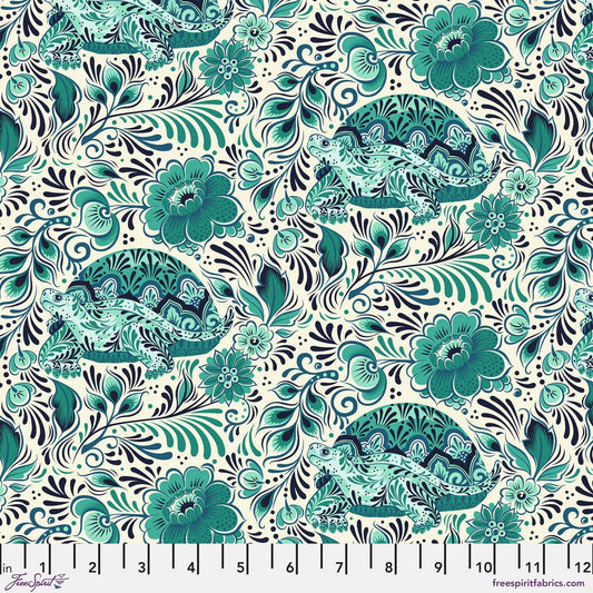 Cotton quilting fabric pattern called 'No Rush in Bluebell'. Part of the 'Besties' fabric collection. Designed by Tula Pink for fabric company Free Spirit Fabrics. SKU: PWTP216.BLUEBELL. 44-45 inch width.