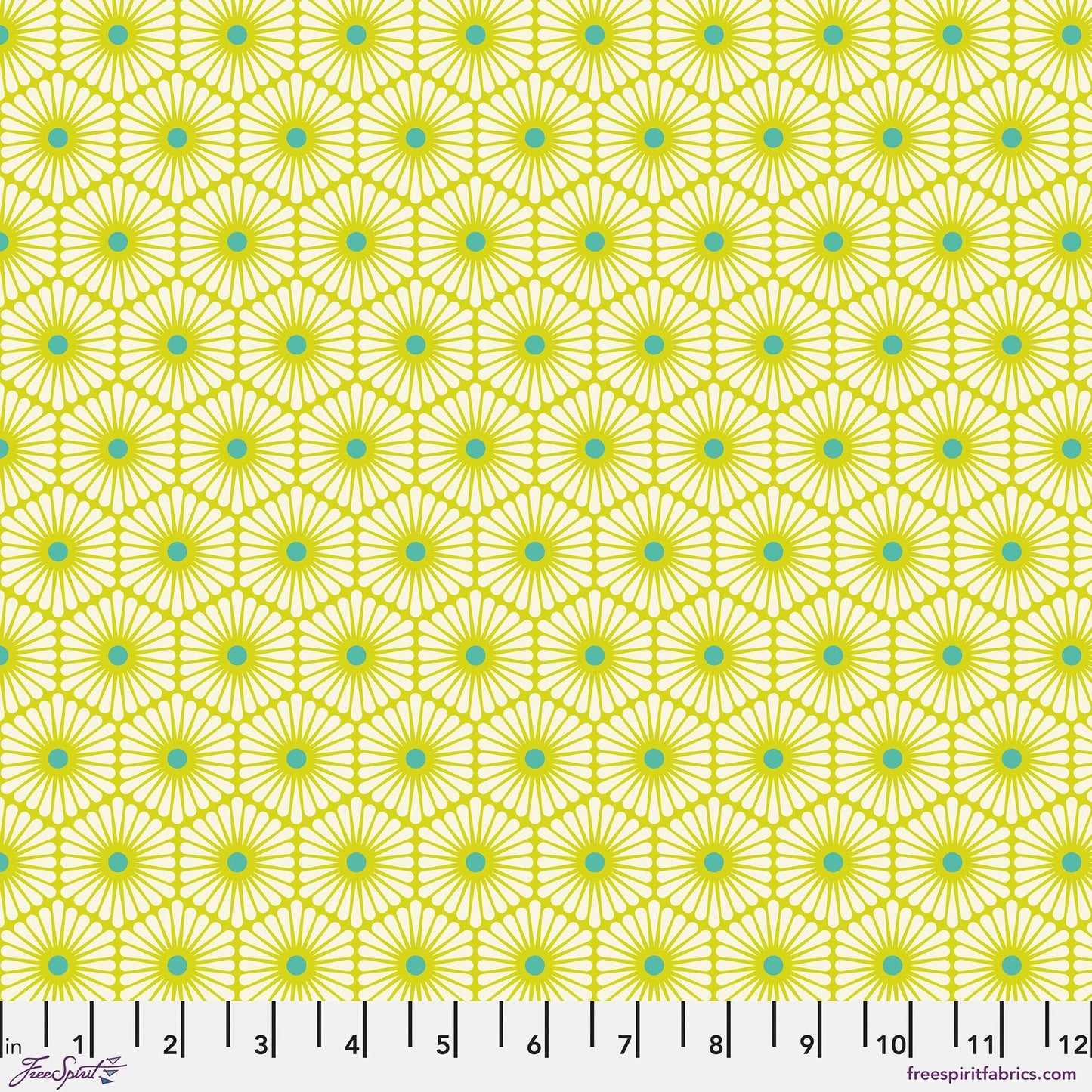 Cotton quilting fabric pattern called 'Daisy Chain in Clover'. Part of the 'Besties' fabric collection. Designed by Tula Pink for fabric company Free Spirit Fabrics. SKU: PWTP220.CLOVER. 44-45 inch width.