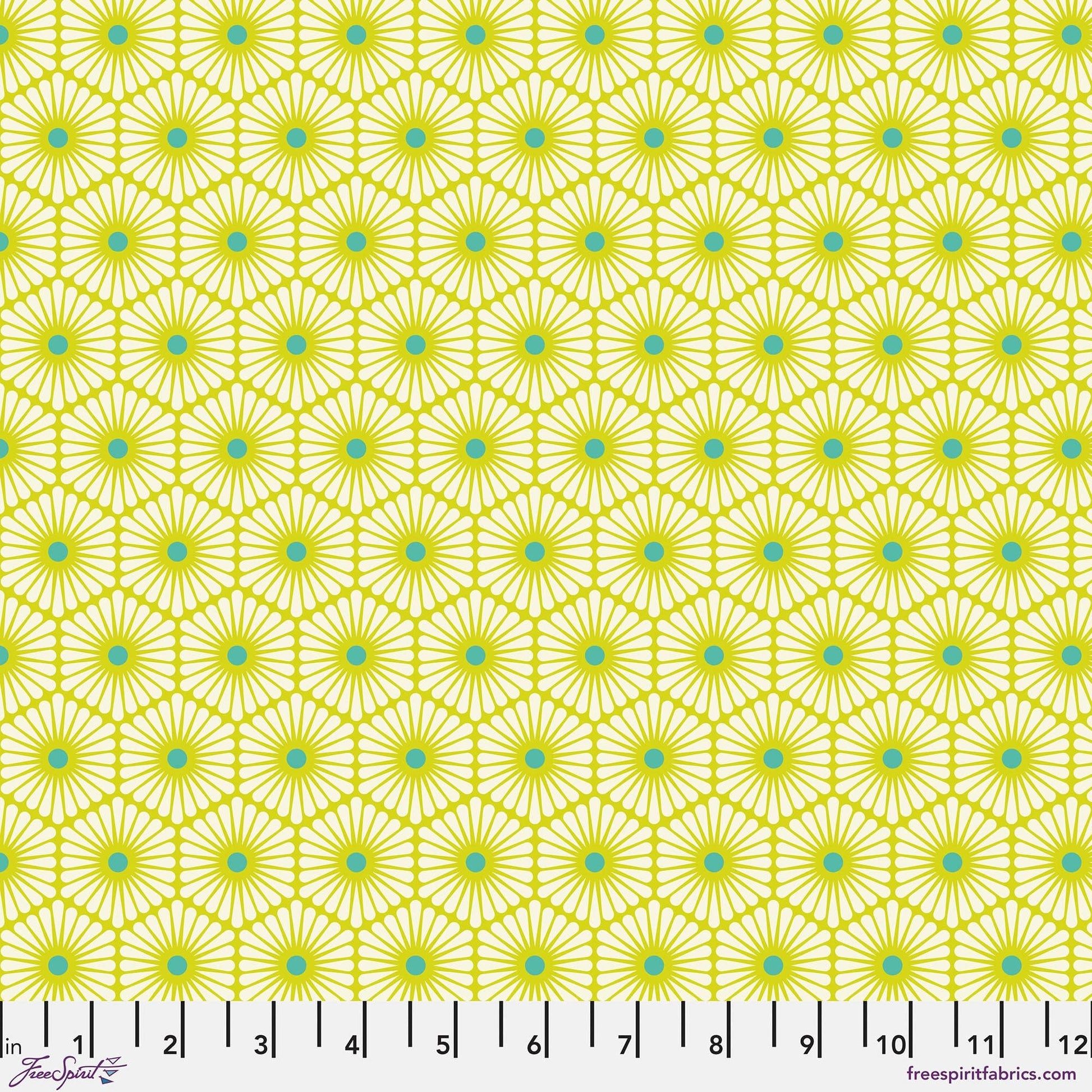 Cotton quilting fabric pattern called 'Daisy Chain in Clover'. Part of the 'Besties' fabric collection. Designed by Tula Pink for fabric company Free Spirit Fabrics. SKU: PWTP220.CLOVER. 44-45 inch width.