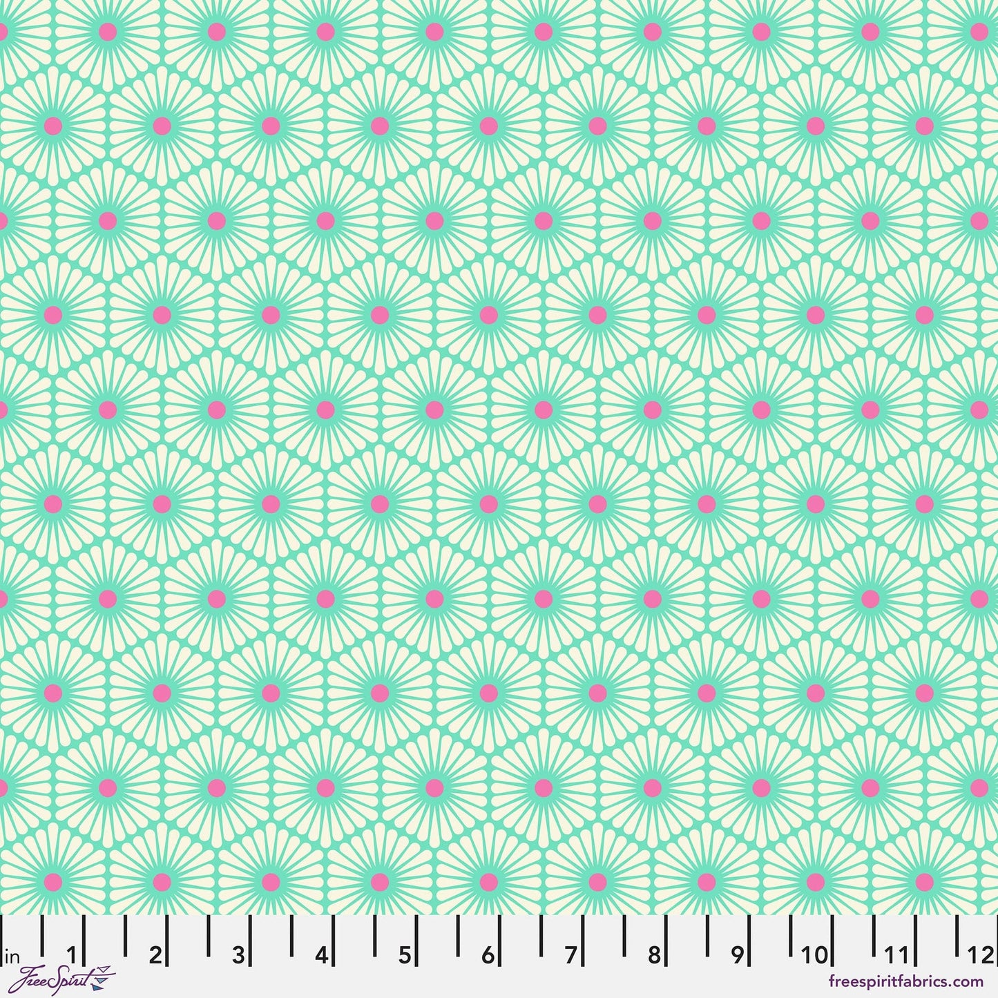 Cotton quilting fabric pattern called 'Daisy Chain in Meadow'. Part of the 'Besties' fabric collection. Designed by Tula Pink for fabric company Free Spirit Fabrics. SKU: PWTP220.MEADOW. 44-45 inch width.