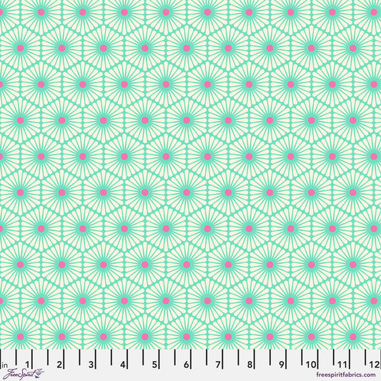 Cotton quilting fabric pattern called 'Daisy Chain in Meadow'. Part of the 'Besties' fabric collection. Designed by Tula Pink for fabric company Free Spirit Fabrics. SKU: PWTP220.MEADOW. 44-45 inch width.