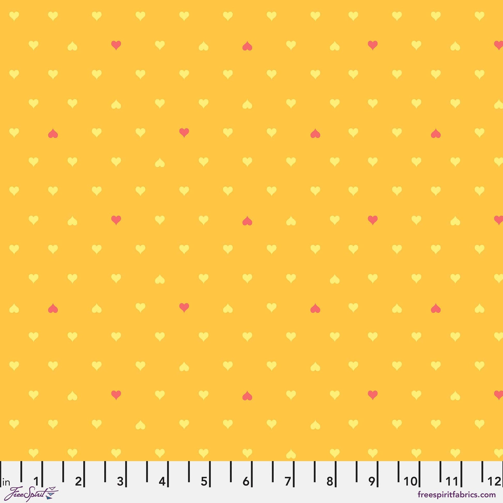 Cotton quilting fabric pattern called 'Unconditional Love in Buttercup'. Part of the 'Besties' fabric collection. Designed by Tula Pink for fabric company Free Spirit Fabrics. SKU: PWTP221.BUTTERCUP. 44-45 inch width.