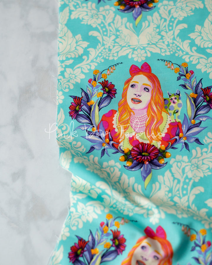Cotton quilting fabric pattern called 'Alice in Daydream'. Part of the 'Curiouser & Curiouser' fabric collection. Designed by Tula Pink for fabric company Free Spirit Fabrics. SKU: PWTP159.DAYDREAM. 44-45 inch width.