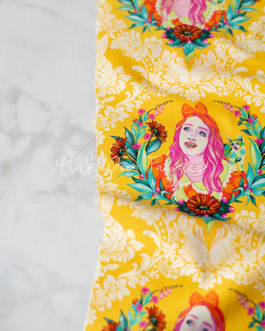 Cotton quilting fabric pattern called 'Alice in Sugar'. Part of the 'Curiouser & Curiouser' fabric collection. Designed by Tula Pink for fabric company Free Spirit Fabrics. SKU: PWTP159.SUGAR. 44-45 inch width.