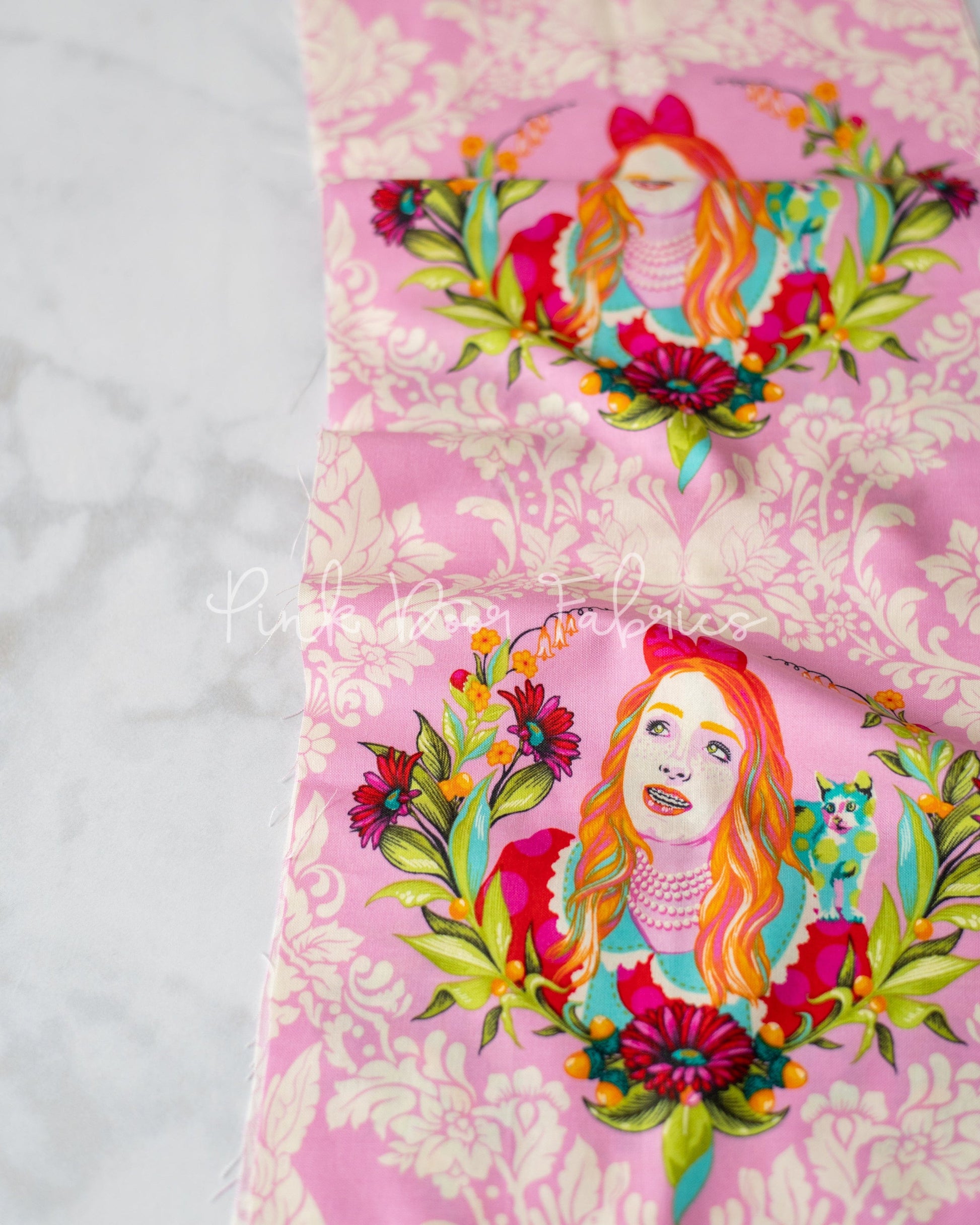 Cotton quilting fabric pattern called 'Alice in Wonder'. Part of the 'Curiouser & Curiouser' fabric collection. Designed by Tula Pink for fabric company Free Spirit Fabrics. SKU: PWTP159.WONDER. 44-45 inch width.