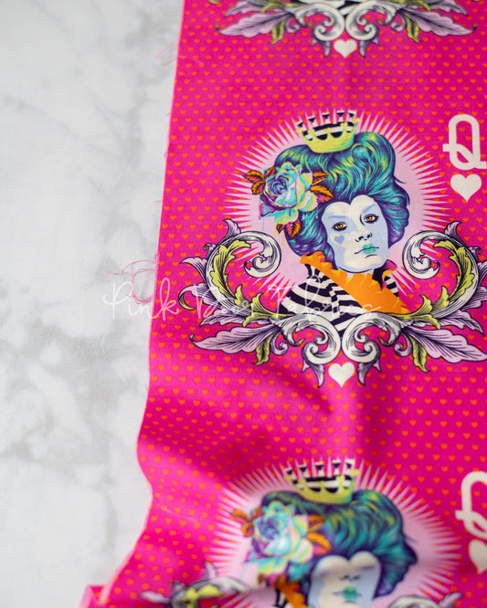 Cotton quilting fabric pattern called 'The Red Queen in Daydream'. Part of the 'Curiouser & Curiouser' fabric collection. Designed by Tula Pink for fabric company Free Spirit Fabrics. SKU: PWTP160.DAYDREAM. 44-45 inch width.