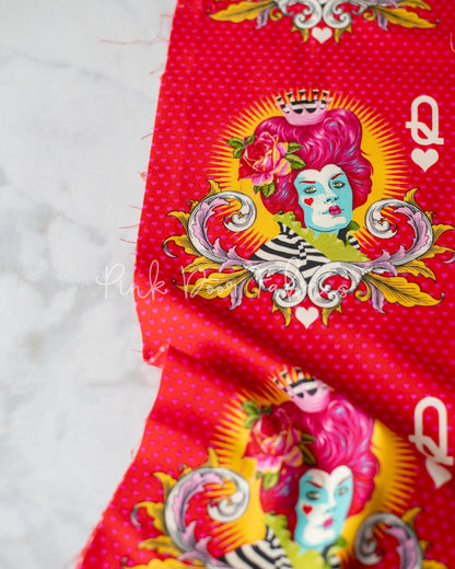 Cotton quilting fabric pattern called 'The Red Queen in Wonder'. Part of the 'Curiouser & Curiouser' fabric collection. Designed by Tula Pink for fabric company Free Spirit Fabrics. SKU: PWTP160.WONDER. 44-45 inch width.