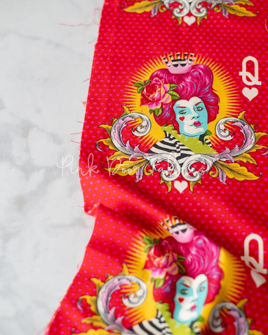 Cotton quilting fabric pattern called 'The Red Queen in Wonder'. Part of the 'Curiouser & Curiouser' fabric collection. Designed by Tula Pink for fabric company Free Spirit Fabrics. SKU: PWTP160.WONDER. 44-45 inch width.