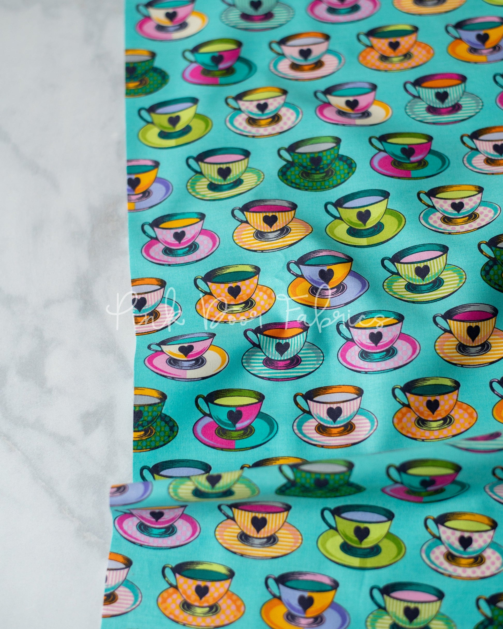 Cotton quilting fabric pattern called 'Tea Time in Daydream'. Part of the 'Curiouser & Curiouser' fabric collection. Designed by Tula Pink for fabric company Free Spirit Fabrics. SKU: PWTP163.DAYDREAM. 44-45 inch width.