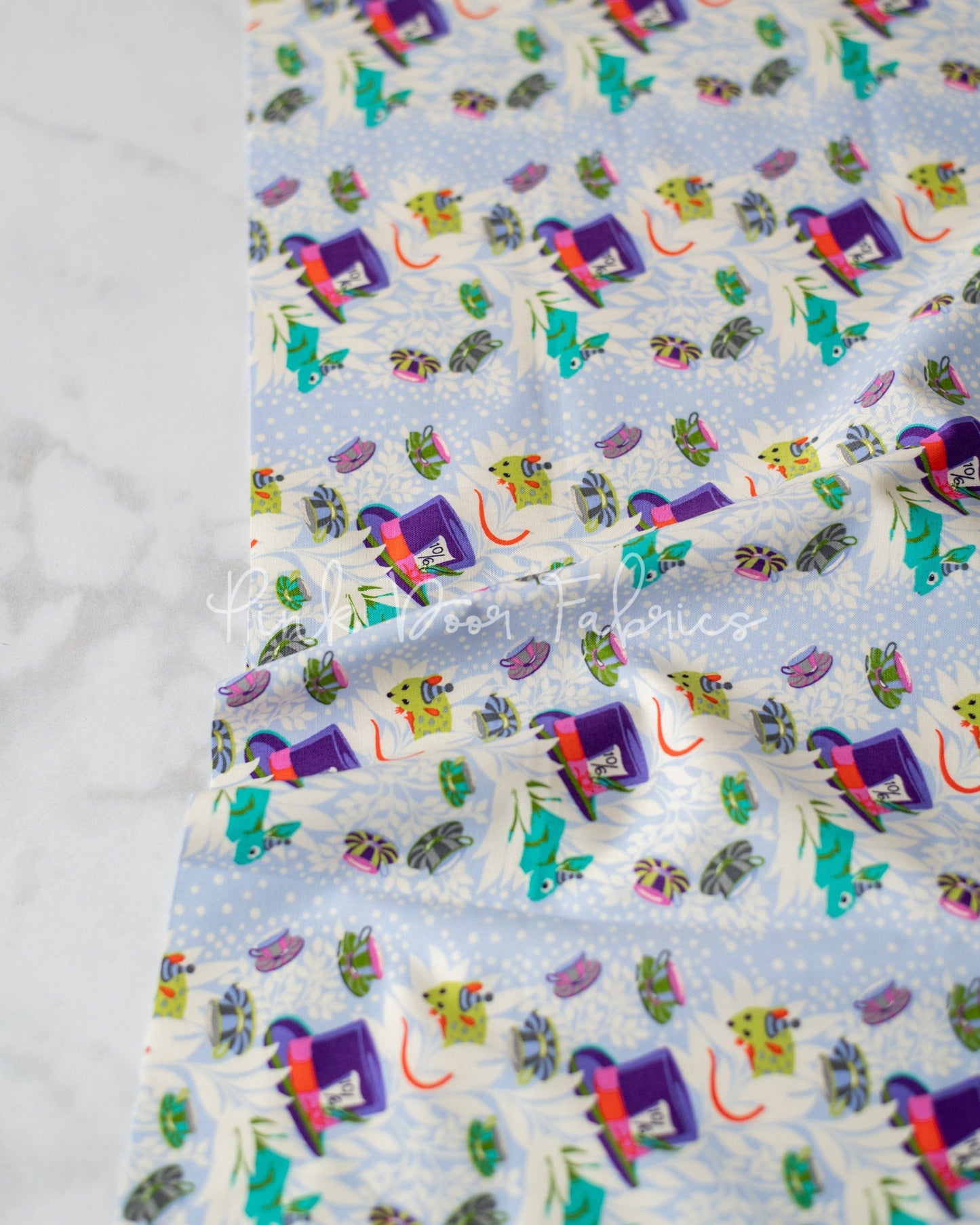 Cotton quilting fabric pattern called '6pm Somewhere in Daydream'. Part of the 'Curiouser & Curiouser' fabric collection. Designed by Tula Pink for fabric company Free Spirit Fabrics. SKU: PWTP165.DAYDREAM. 44-45 inch width.
