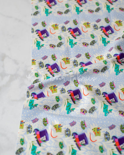 Cotton quilting fabric pattern called '6pm Somewhere in Daydream'. Part of the 'Curiouser & Curiouser' fabric collection. Designed by Tula Pink for fabric company Free Spirit Fabrics. SKU: PWTP165.DAYDREAM. 44-45 inch width.