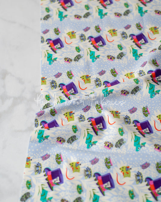 Cotton quilting fabric pattern called '6pm Somewhere in Daydream'. Part of the 'Curiouser & Curiouser' fabric collection. Designed by Tula Pink for fabric company Free Spirit Fabrics. SKU: PWTP165.DAYDREAM. 44-45 inch width.
